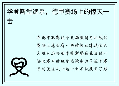 华登斯堡绝杀，德甲赛场上的惊天一击