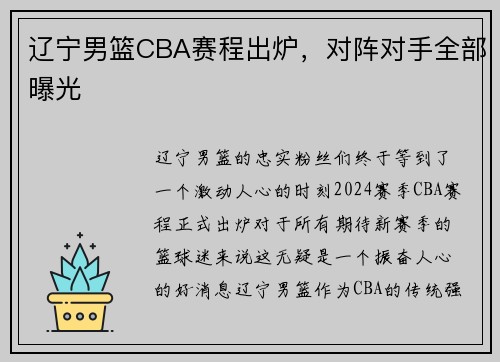 辽宁男篮CBA赛程出炉，对阵对手全部曝光